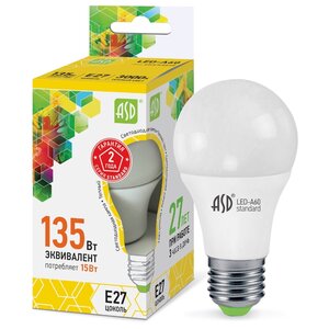 Лампа светодиодная ASD, LED-A60-STD 15ВТ 230В Е27 3000К 1350ЛМ E27, A60, 15Вт, 3000К (фото modal nav 1)