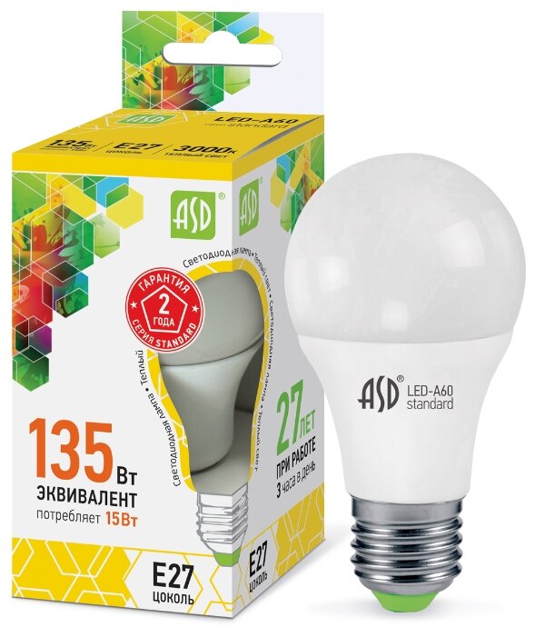 Лампа светодиодная ASD, LED-A60-STD 15ВТ 230В Е27 3000К 1350ЛМ E27, A60, 15Вт, 3000К (фото modal 1)