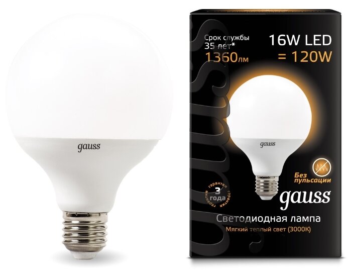 Лампа светодиодная gauss, LED G95 105102116 E27, G95, 16Вт, 3000К (фото modal 1)