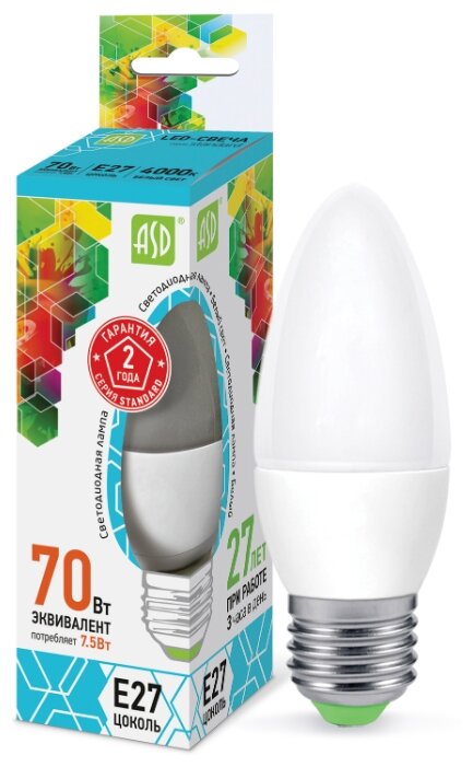 Лампа светодиодная ASD LED-СВЕЧА-STD 4000K, E27, C37, 7.5Вт (фото modal 1)
