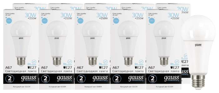 Упаковка светодиодных ламп 10 шт gauss, 73239 E27, A67, 30Вт, 6500К (фото modal 1)