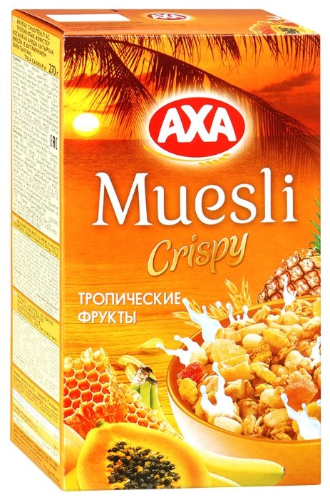 Мюсли AXA Muesli Crispy хрустящие медовые хлопья и шарики с тропическими фруктами, коробка (фото modal 1)