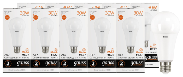 Упаковка светодиодных ламп 10 шт gauss, 73219 E27, A67, 30Вт, 3000К (фото modal 1)