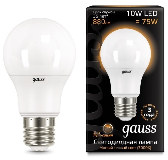 Лампа светодиодная gauss 102502110 E27, A60, 10Вт, 3000К (фото modal 1)