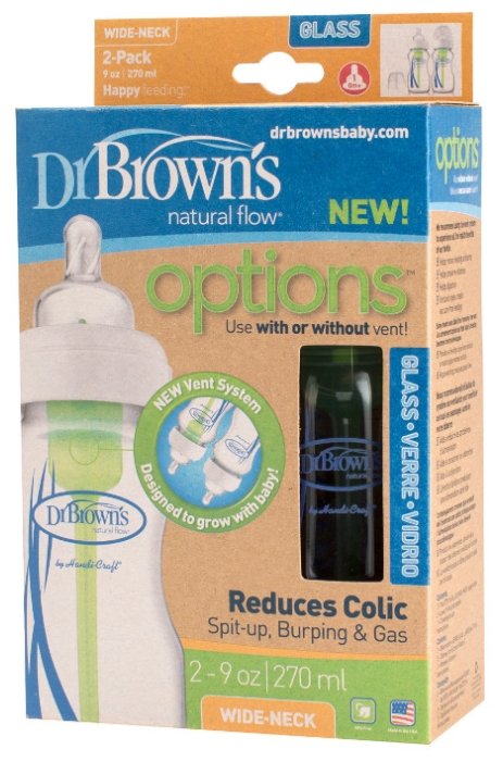 Dr. Brown's Набор стеклянных бутылочек с широким горлом Options, 270 мл, 2 шт. с рождения (фото modal 2)