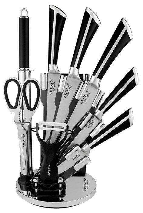 Набор Zeidan 5 ножей, овощечистка, ножницы и мусат с подставкой (фото modal 1)