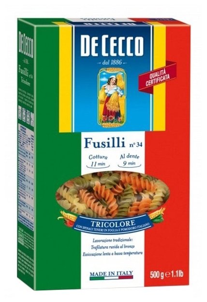 De Cecco Макароны Fusilli n° 34 Tricolore с томатами и шпинатом, 500 г (фото modal 1)