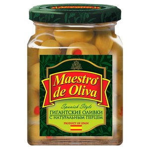 Maestro De Oliva Spanish style Гигантские оливки с натуральным перцем в рассоле, стеклянная банка 270 г (фото modal nav 1)