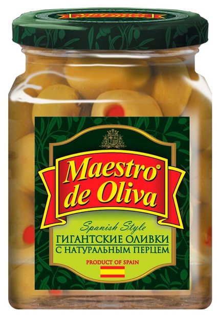 Maestro De Oliva Spanish style Гигантские оливки с натуральным перцем в рассоле, стеклянная банка 270 г (фото modal 1)