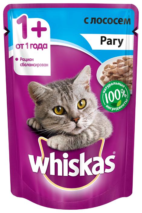 Корм для кошек Whiskas Рагу с лососем для взрослых кошек (0.085 кг) 1 шт. (фото modal 1)