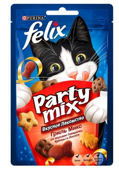Лакомство для кошек Felix Party Mix Гриль-микс со вкусом говядины, курицы и лосося (фото modal 1)
