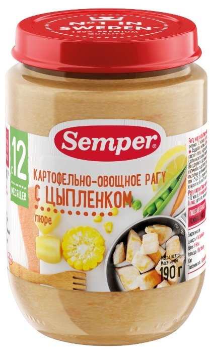 Пюре Semper картофельно-овощное рагу с цыпленком (с 12 месяцев) 190 г, 12 шт. (фото modal 1)