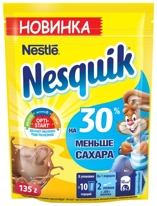 Nesquik Opti-start На 30% меньше сахара Какао-напиток растворимый, пакет (фото modal 1)