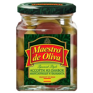 Maestro De Oliva Spanish style Ассорти из оливок Мансанилья и Каламата в рассоле, стеклянная банка 270 г (фото modal nav 1)