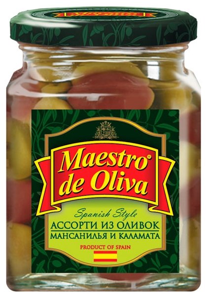 Maestro De Oliva Spanish style Ассорти из оливок Мансанилья и Каламата в рассоле, стеклянная банка 270 г (фото modal 1)