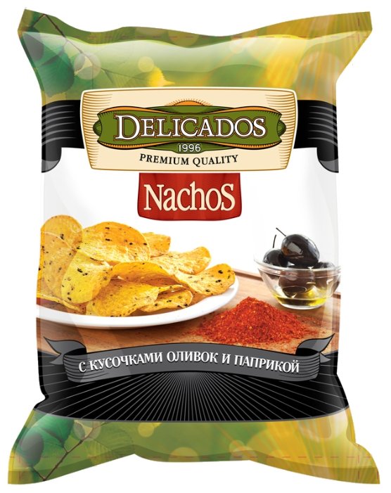 Чипсы Delicados Nachos кукурузные с кусочками оливок и паприкой (фото modal 1)