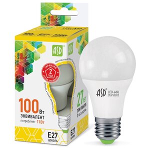 Лампа светодиодная ASD, LED-A60-STD 11ВТ 230В Е27 3000К 990ЛМ E27, A60, 11Вт, 3000К (фото modal nav 1)