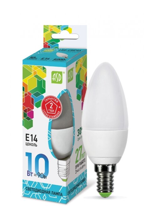 Лампа светодиодная ASD, LED-СВЕЧА-STD 10ВТ 230В Е14 4000К 900ЛМ E14, C38, 10Вт, 4000К (фото modal 1)