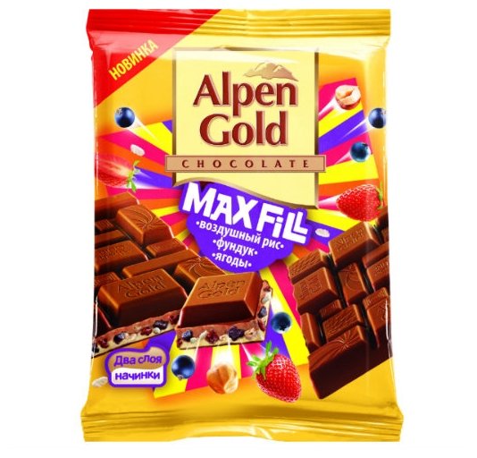 Шоколад Alpen Gold Max Fill молочный с воздушным рисом, ягодами и фундуком (фото modal 1)