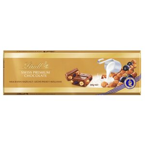 Шоколад Lindt Swiss premium молочный с фундуком и изюмом (фото modal nav 1)