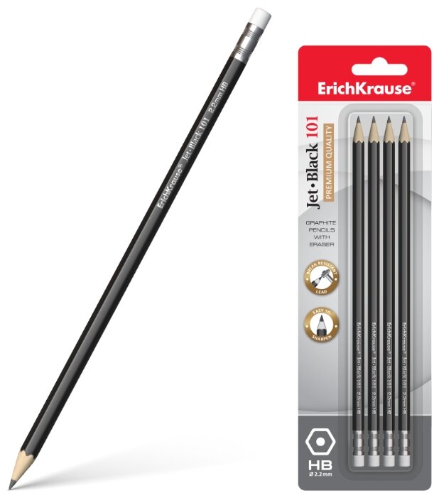 ErichKrause Набор чернографитных шестигранных карандашей с ластиком Jet Black 101 4 шт (45607) (фото modal 1)