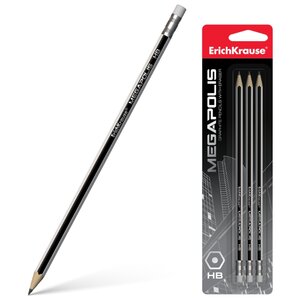 ErichKrause Набор чернографитных шестигранных карандашей с ластиком Megapolis 3 шт (44490) (фото modal nav 2)
