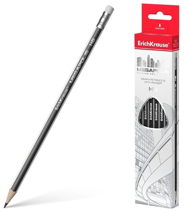 ErichKrause Набор чернографитных трехгранных карандашей с ластиком Megapolis HB 12 шт (43577) (фото modal 1)