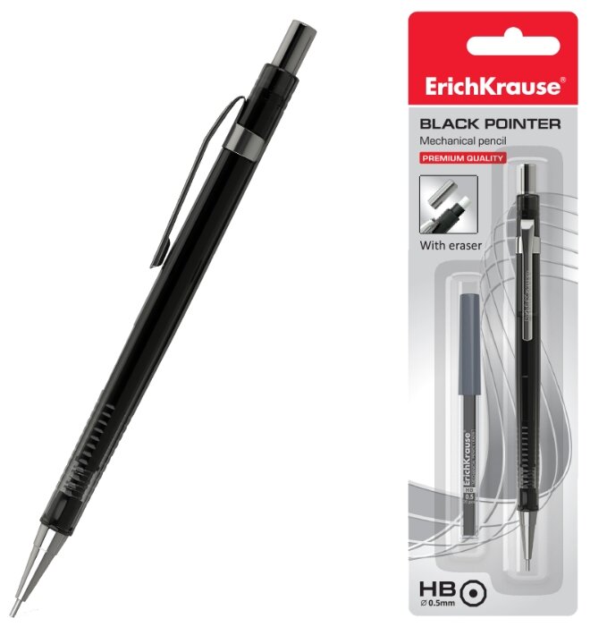 ErichKrause Механический карандаш Black Pointer со сменными грифелями HB, 0.5 мм, 20 шт. (блистер) (фото modal 1)