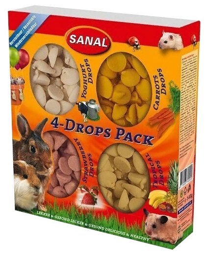 Лакомство для кроликов, грызунов Sanal 4-Drops pack йогурт, морковь, клубника, тропические фрукты (фото modal 1)