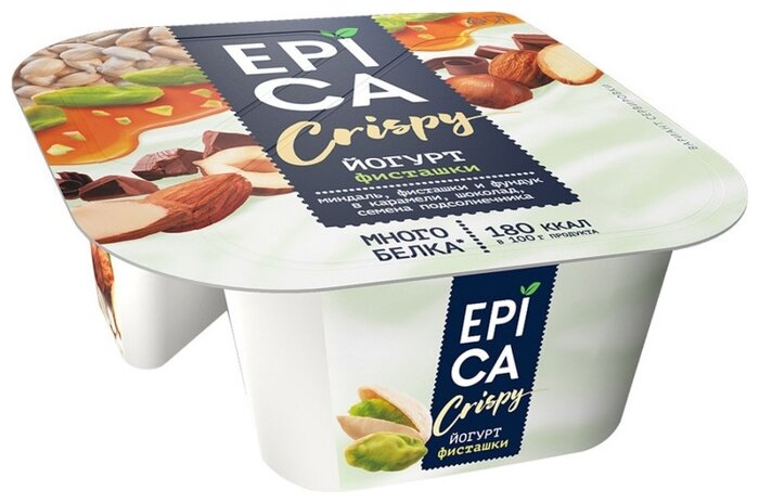Йогурт EPICA crispy с фисташками и смесь из семян подсолнечника орехов и темного шоколада 10.5%, 140 г (фото modal 1)