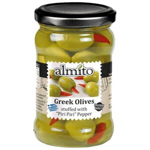 Almito Греческие оливки фаршированные острым красным перцем (чили) в рассоле, стеклянная банка 270 г (фото modal nav 1)