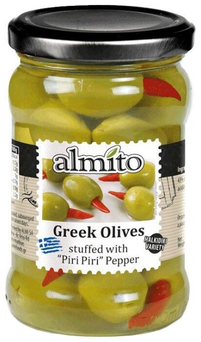 Almito Греческие оливки фаршированные острым красным перцем (чили) в рассоле, стеклянная банка 270 г (фото modal 1)