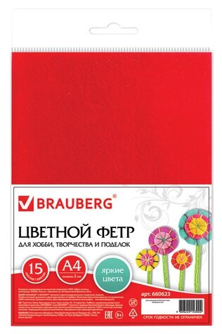 BRAUBERG Набор цветного фетра А4, 15 цветов (660623) (фото modal 1)