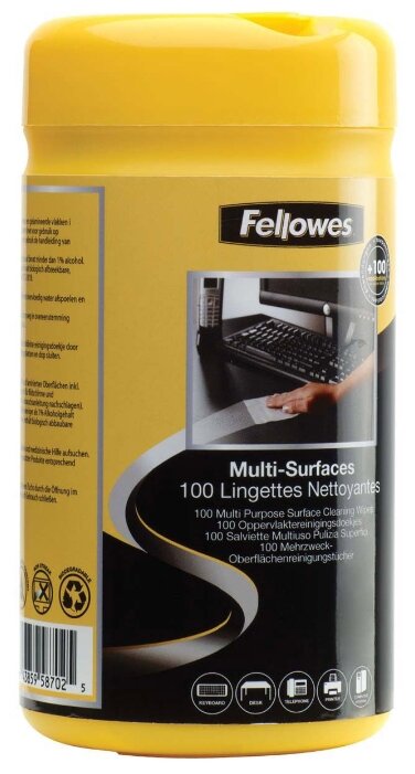 Fellowes Multi Surface Cleaning Wipes влажные салфетки 100 шт. для оргтехники (фото modal 3)