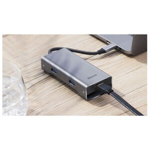 USB-концентратор Baseus Multi-functional HUB Type-C - 2xUSB/HDMI/Type-C/RJ45 (CATXF-0G), разъемов: 3 (фото modal nav 5)