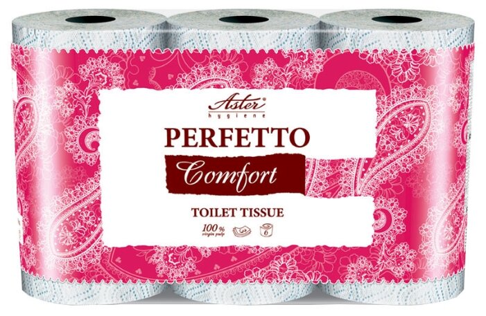Туалетная бумага Aster Perfetto Comfort белая с голубым тиснением трёхслойная (фото modal 2)