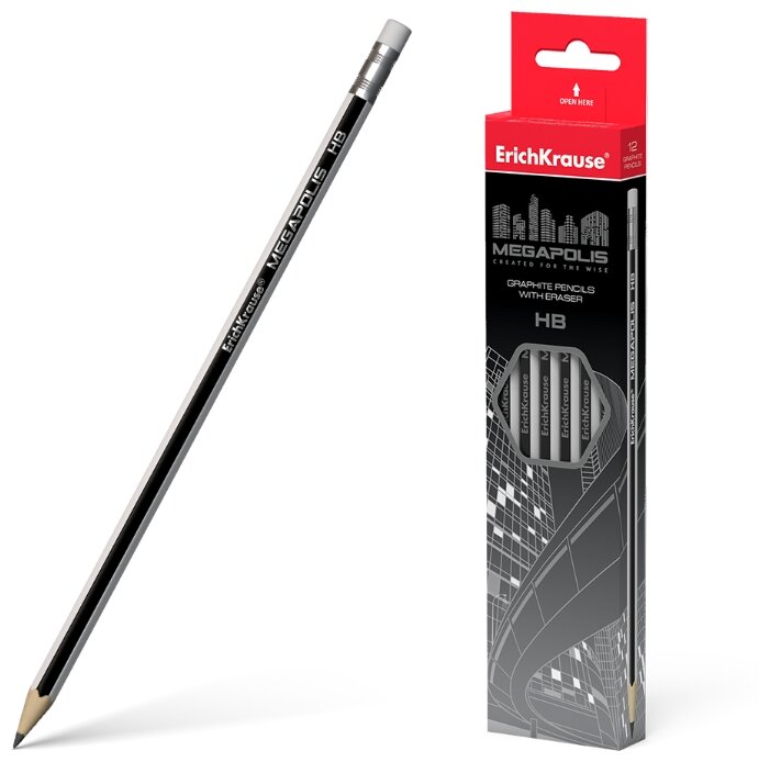 ErichKrause Набор чернографитных шестигранных карандашей с ластиком Megapolis HB 12 шт (32860) (фото modal 1)