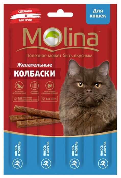 Лакомство для кошек Molina Жевательные колбаски Лосось и форель (фото modal 1)