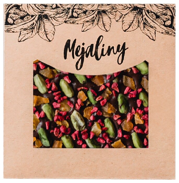 Шоколад Mejaliny темный с фисташкой, курагой и малиной, 62% (фото modal 1)