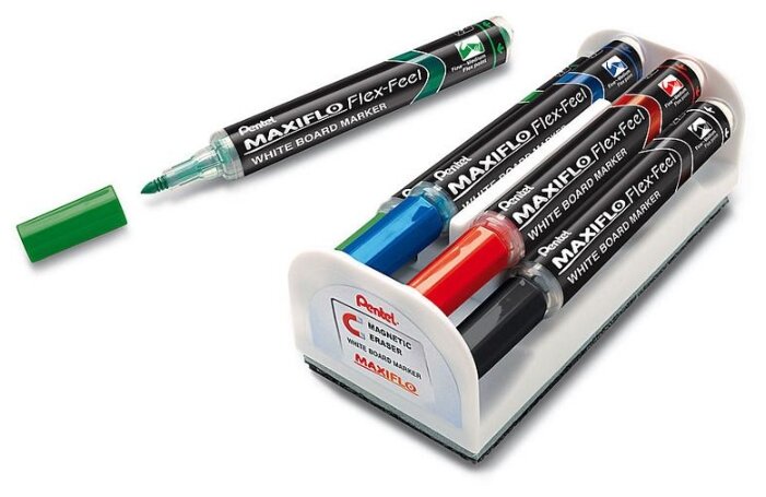 Pentel Набор маркеров для доски Maxiflo Flex Feel с магнитной губкой MWL5SBF-4N (1-5мм, 4 шт.) (фото modal 2)