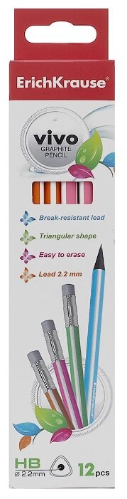 ErichKrause Набор чернографитных трехгранных карандашей с ластиком Vivo HB 12 шт (32949) (фото modal 1)