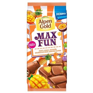 Шоколад Alpen Gold Max Fun молочный манго, ананас, маракуйя, взрывная карамель, шипучие шарики (фото modal nav 1)