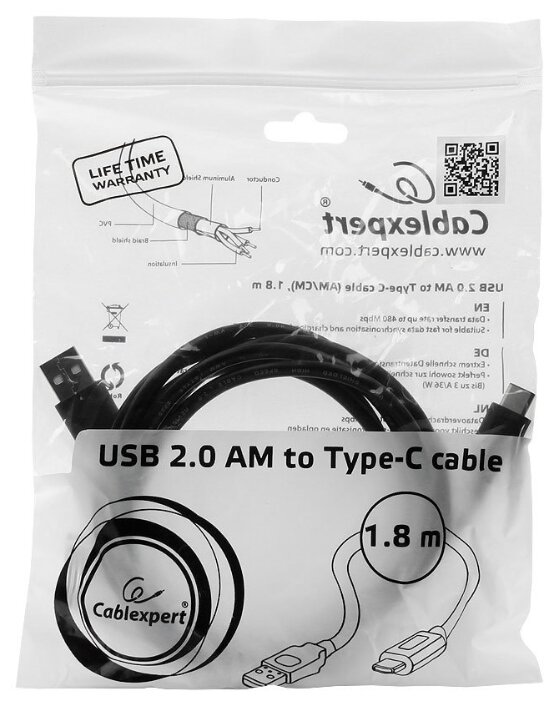 Кабель Cablexpert USB - USB Type-C (CCP-USB2-AMCM-6) 1.8 м (фото modal 3)