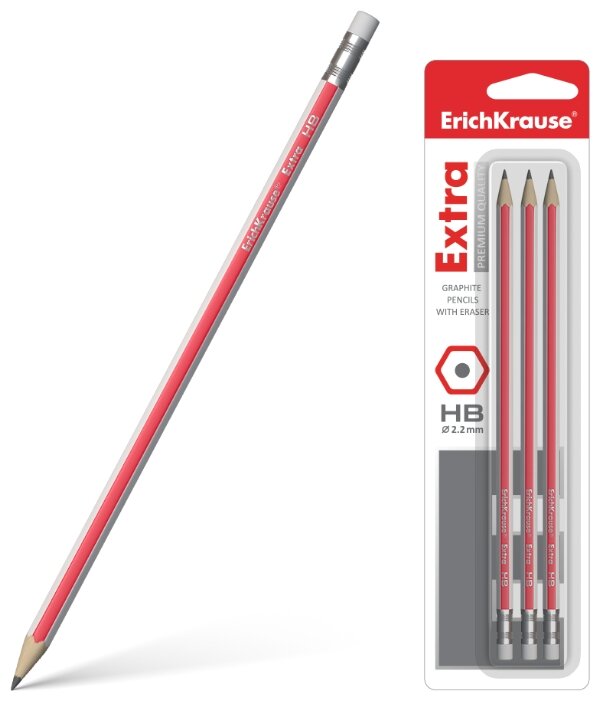 ErichKrause Набор чернографитных шестигранных карандашей с ластиком Extra 3 шт (43573) (фото modal 2)