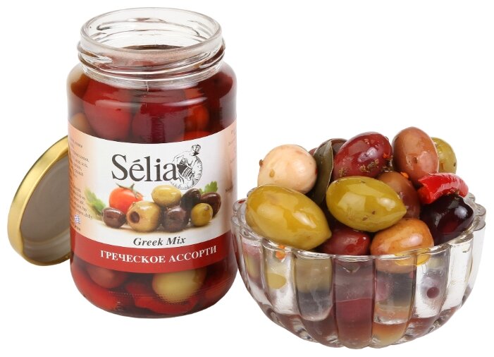 Selia Греческое ассорти из оливок с косточкой, чеснока и перца в рассоле, стеклянная банка 370 г (фото modal 2)