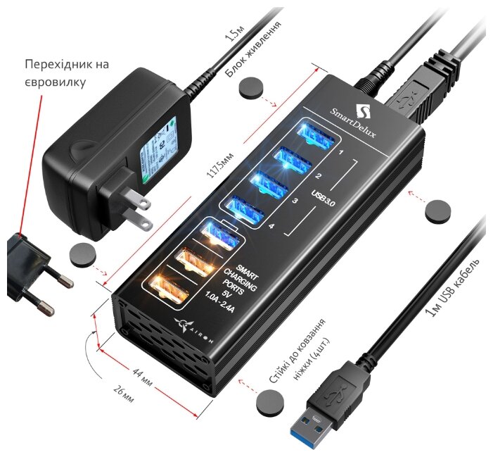 USB-концентратор SmartDelux SDU3-P4C3, разъемов: 7 (фото modal 4)