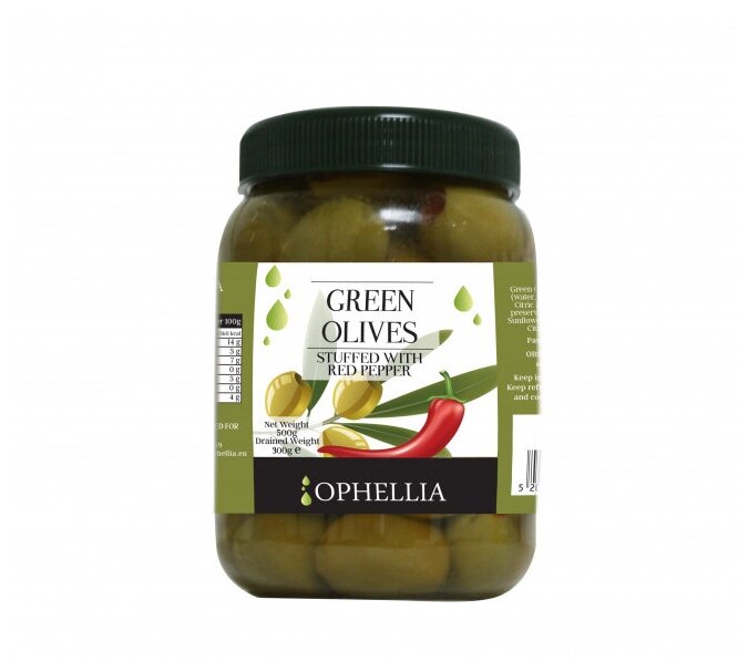 Ophellia Зеленые оливки фаршированные красным перцем, 500 г (фото modal 1)