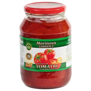 Очищенные томаты в собственном соку Marinova GARDEN’S стеклянная банка 1000 г (фото modal nav 1)