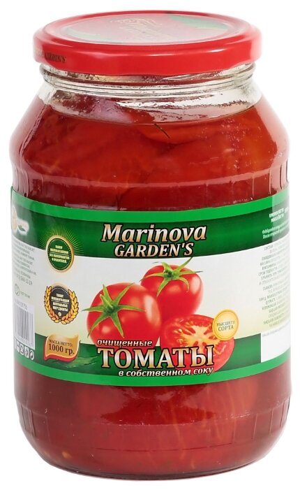 Очищенные томаты в собственном соку Marinova GARDEN’S стеклянная банка 1000 г (фото modal 1)