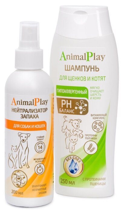 Комплект Animal Play Шампунь гипоаллергенный для собак и кошек 250 мл и Спрей Нейтрализатор запаха для собак и кошек 200 мл (фото modal 1)